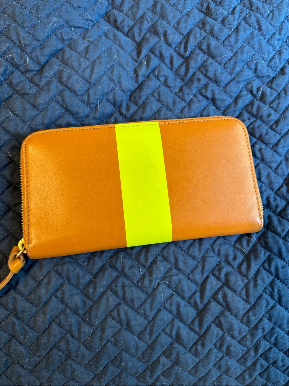 Clare V Brown Leather Zip Wallet with Neon Yellow Stripe